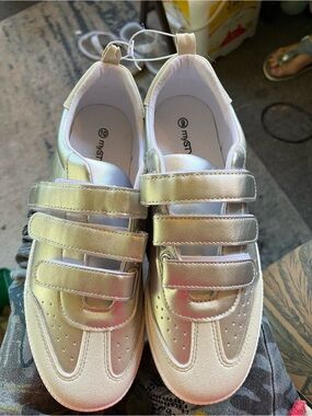 My Style Women's Iridescent Silver Velcro Sneakers. Odd sized left 9 right 10